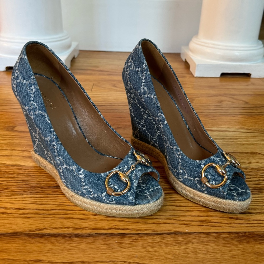 Gucci Blue GG Denim Charlotte Horsebit Peep Toe Wedge heels espadrilles